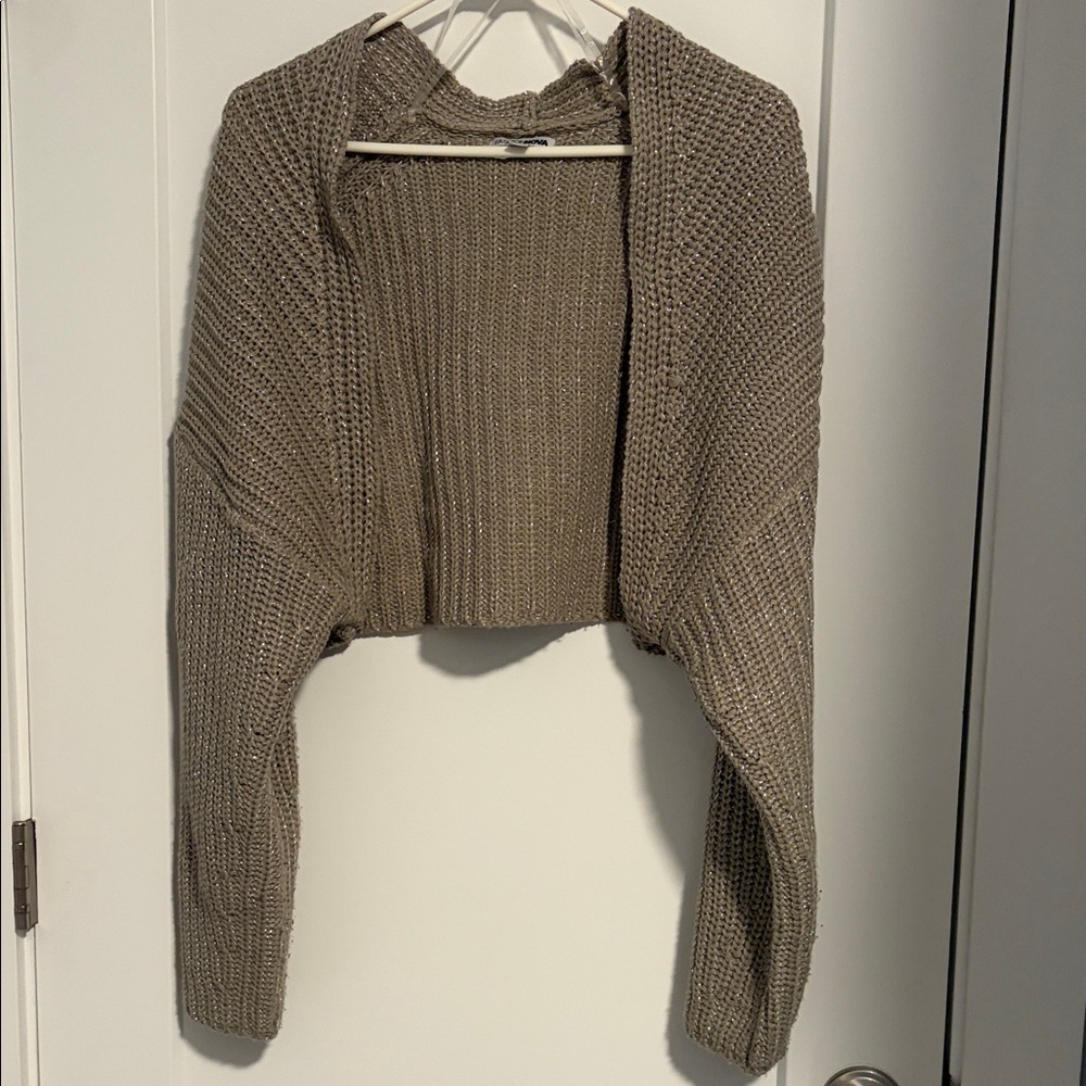Cropped Knit Hooded Sweater Cardigan  - Gray w/Sparkles